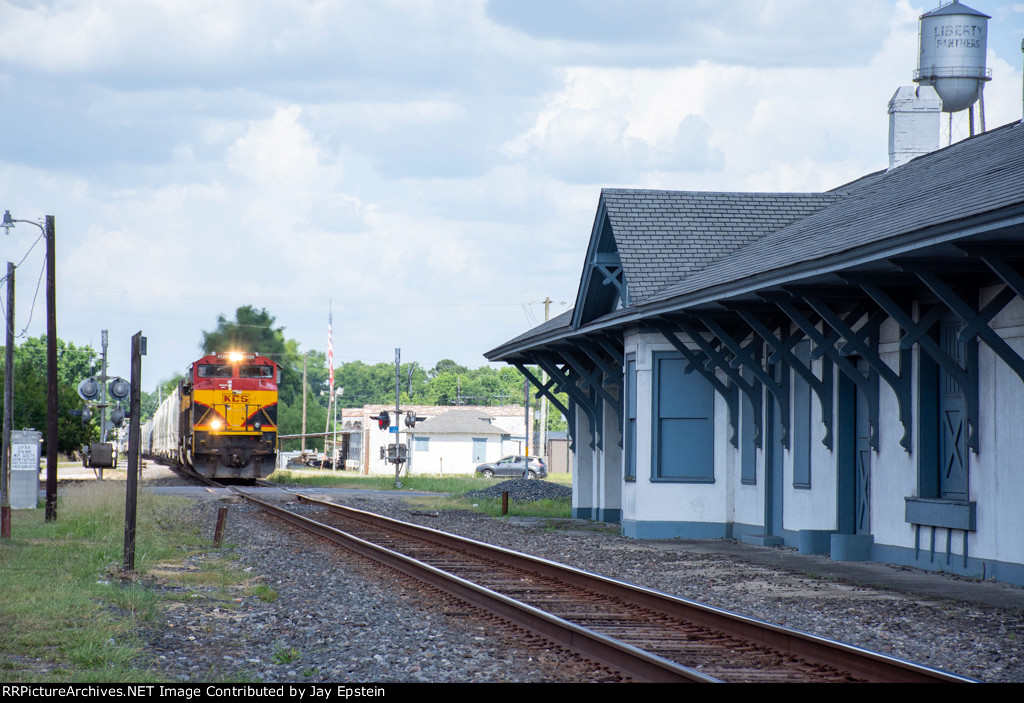 A westbound train approaches the old Liberty Depot 